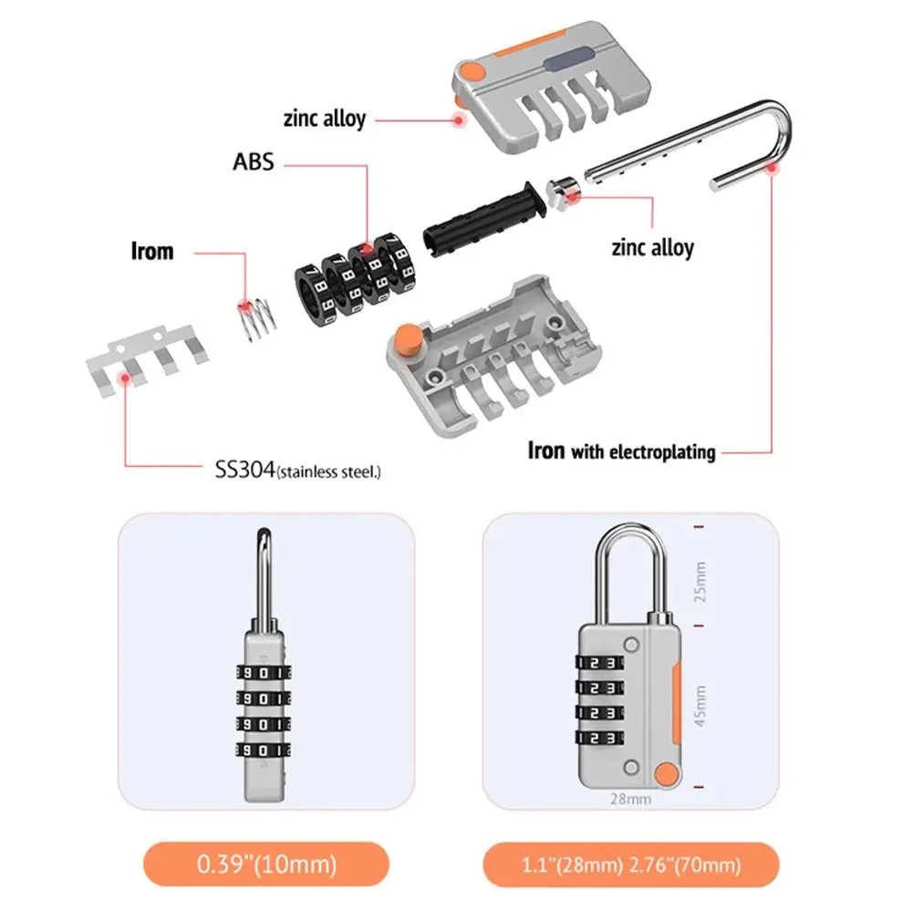 4-Digit Combination Luggage Padlock Zinc Alloy Security